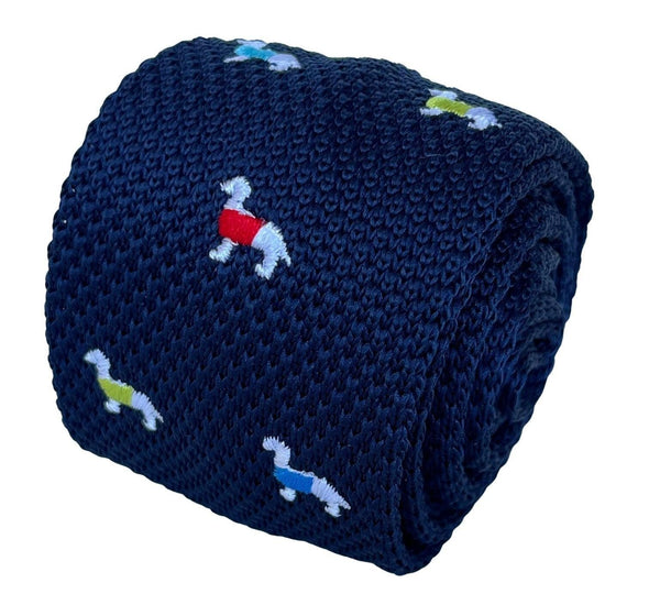 navy blue knitted tie with embroidered dog design